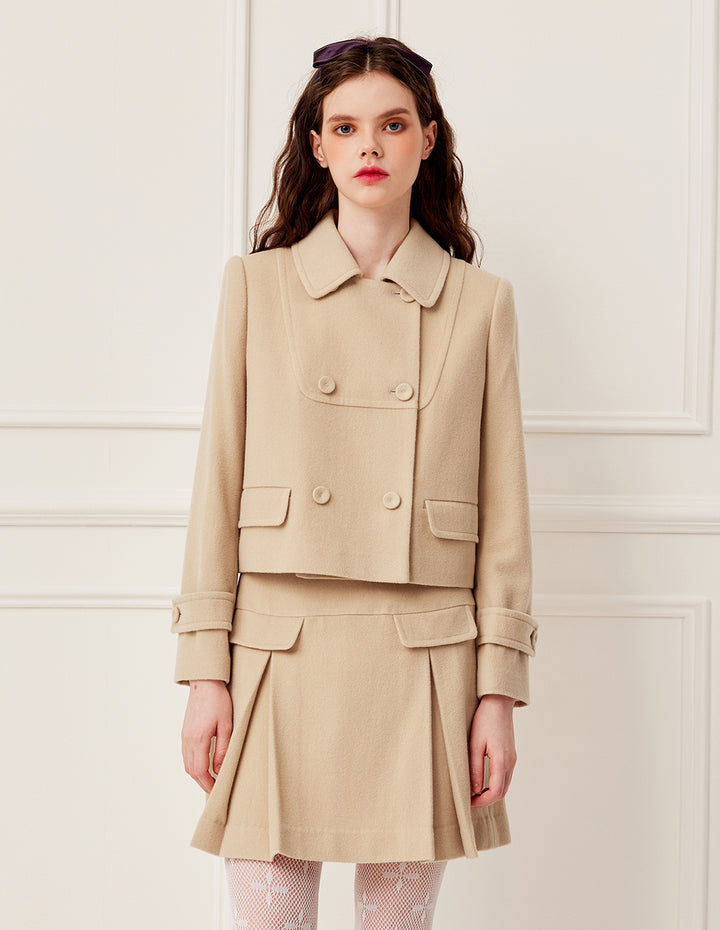 BORA AKSU Notched Collar Double-Breasted Wool Cashmere Blend Short Coat