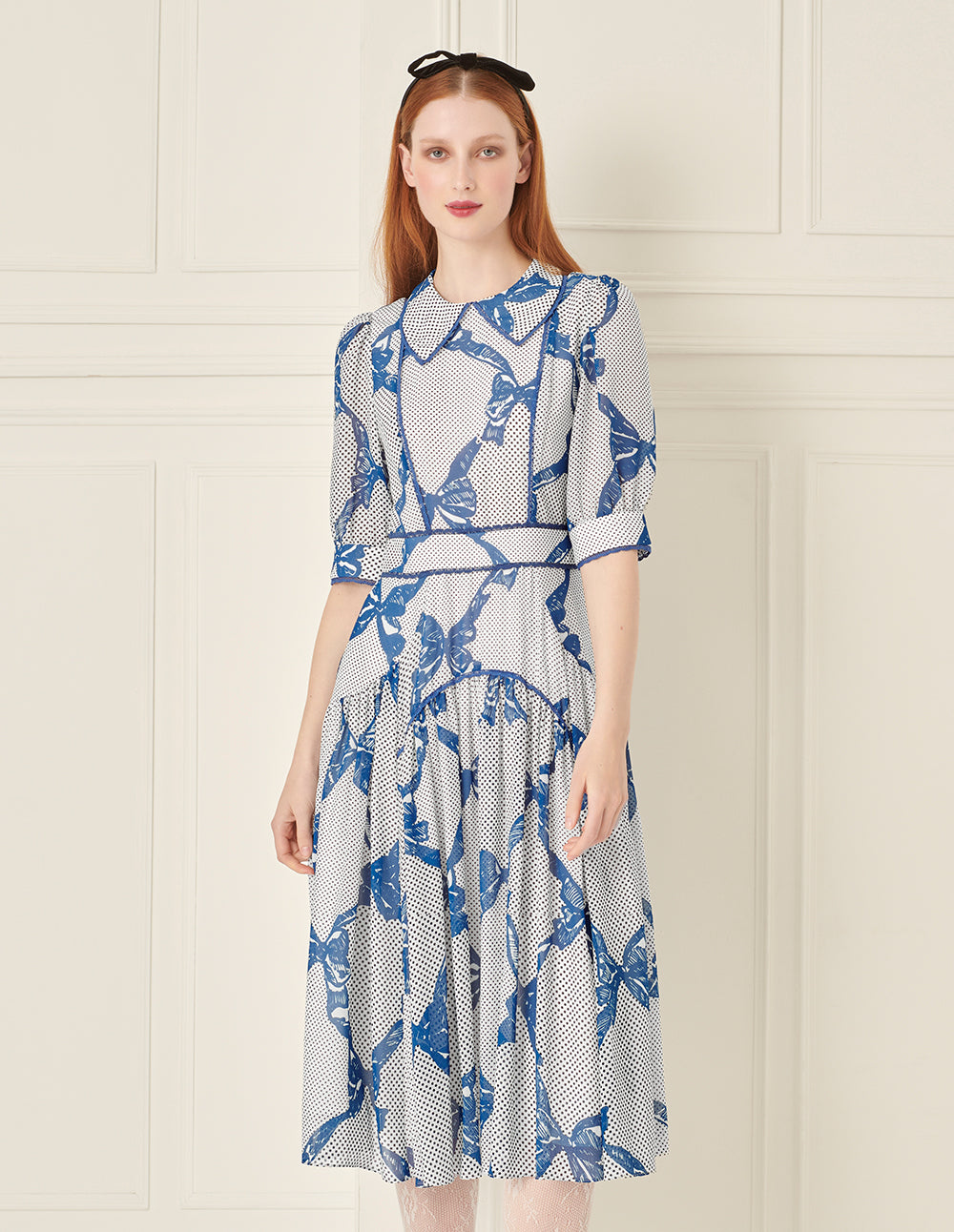 BORA AKSU French Lace-Embellished Bow Print Dress