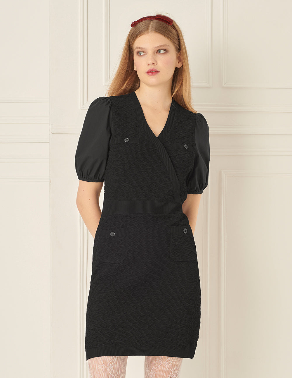 BORA AKSU Simple Puff Sleeve V-Neck Little Black Dress