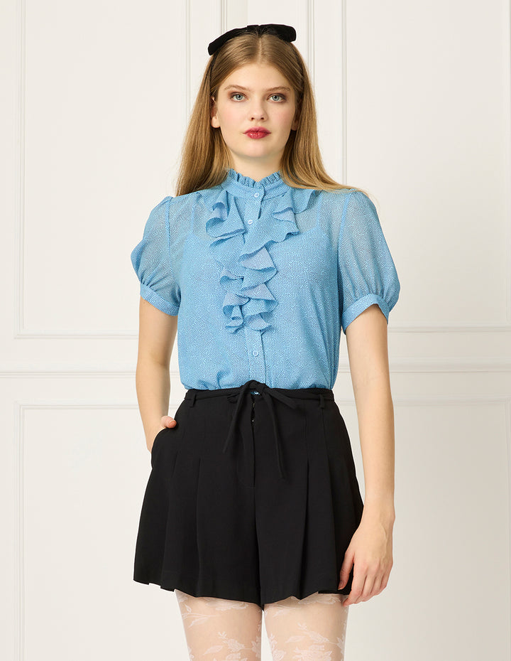 BORA AKSU Ruffle Stand Collar Polka Dots Puff Short Sleeve Blouse