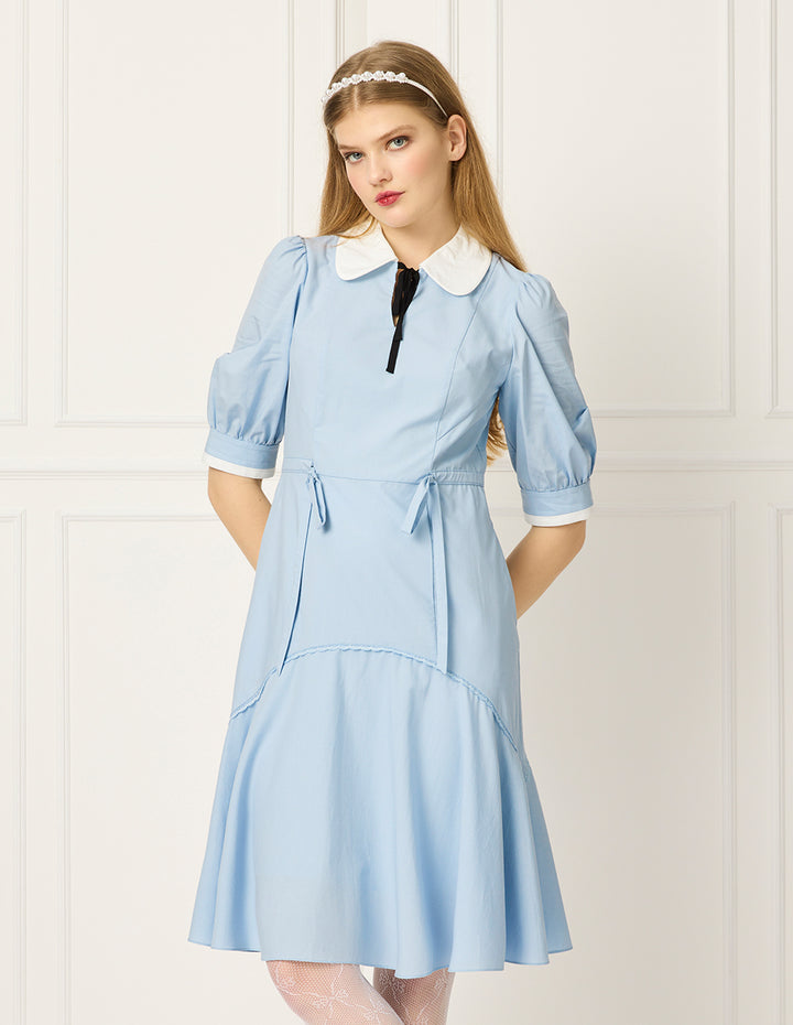 BORA AKSU Lapel-Collar Puff Short-Sleeve Lyocell Pleated Midi Dress