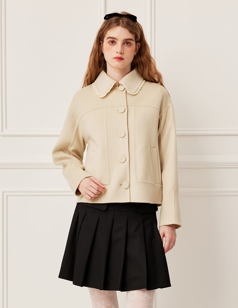 BORA AKSU Ruffle Lapel Long Sleeve Wool Knit Coat