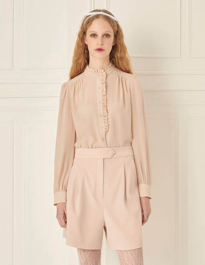 BORA AKSU Mulberry Silk Puff-Sleeved Elegant Ruffles Stand-Collar Blouse