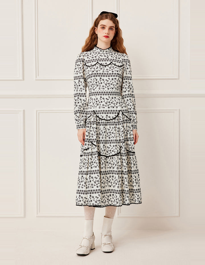BORA AKSU Turtleneck Collar Lace-Ruffle-Trim Floral Pleated Midi Dress