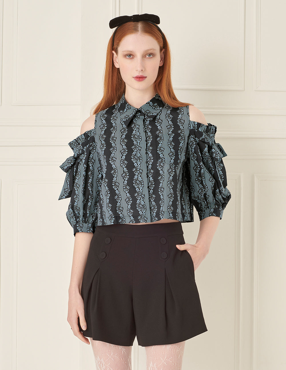 BORA AKSU Lapel Off-Shoulder Printed Shirt Top