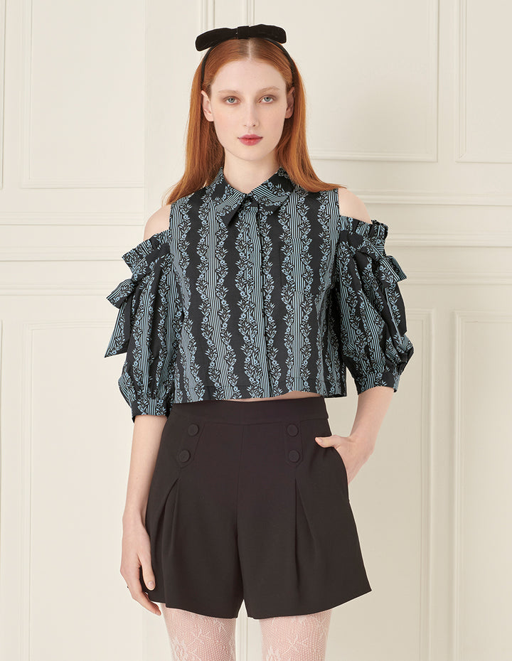 BORA AKSU Lapel Off-Shoulder Printed Shirt Top