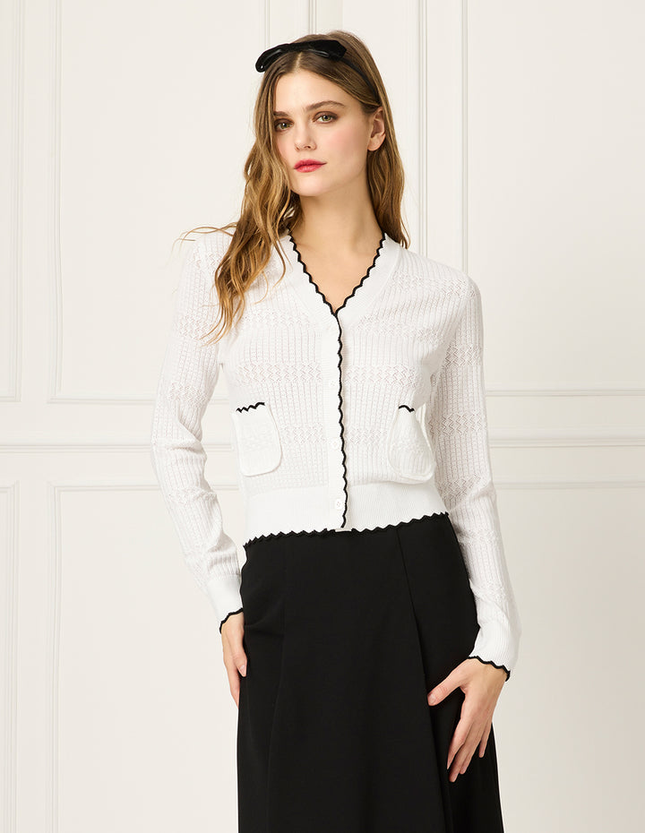 BORA AKSU V-Neck Long-Sleeve Black Ruffle-Trimmed Pointelle Knitted Cardigan