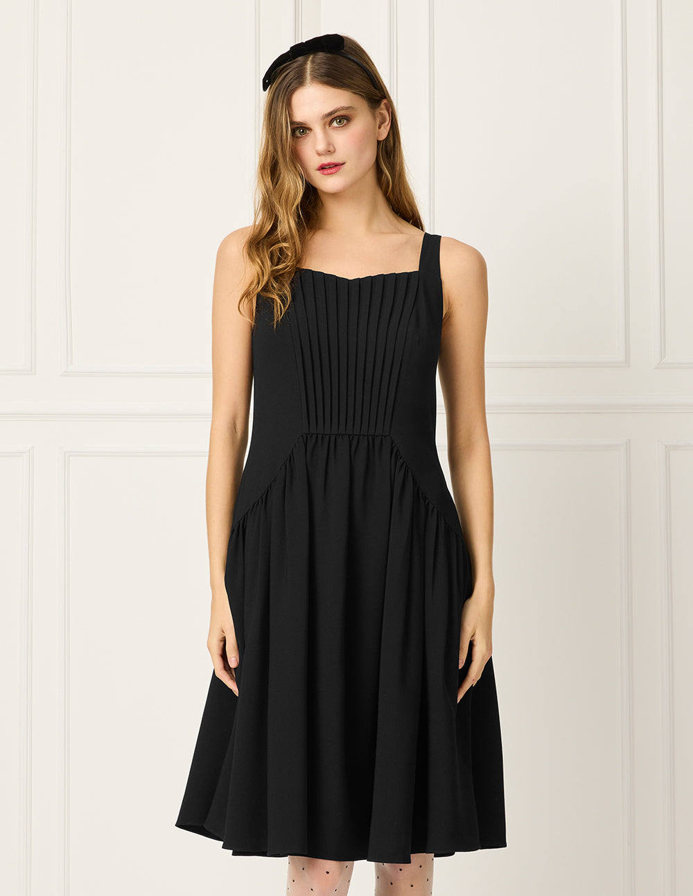 BORA AKSU Diamond-Neck Sleeveless Pin Tuck A-line Midi Dress