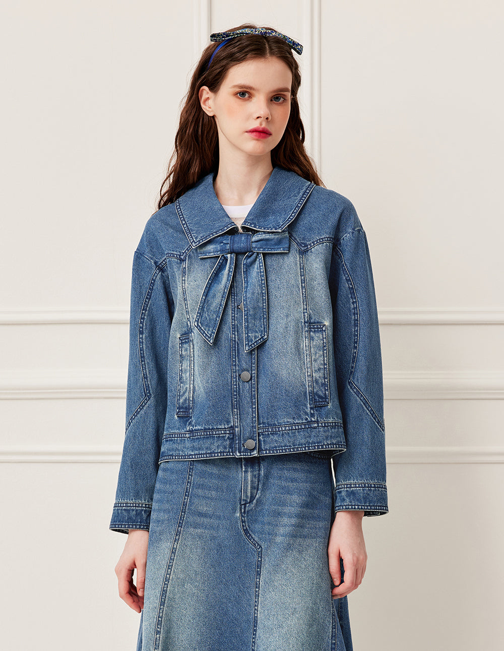 BORA AKSU Vintage Detachable Bow Long Sleeve Washed Denim Jacket