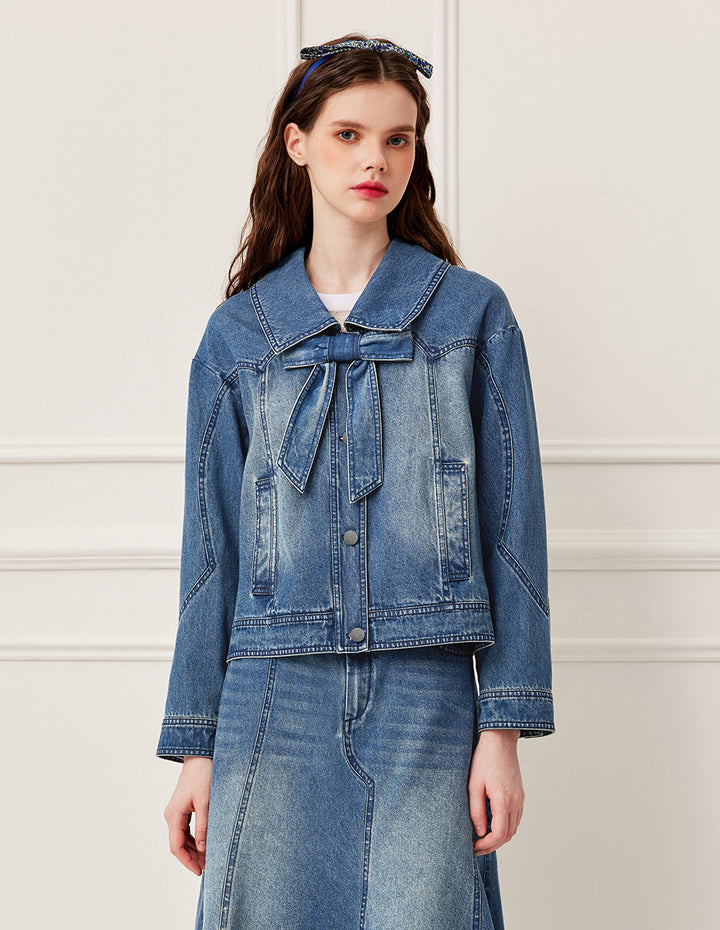 BORA AKSU Vintage Detachable Bow Long Sleeve Washed Denim Jacket