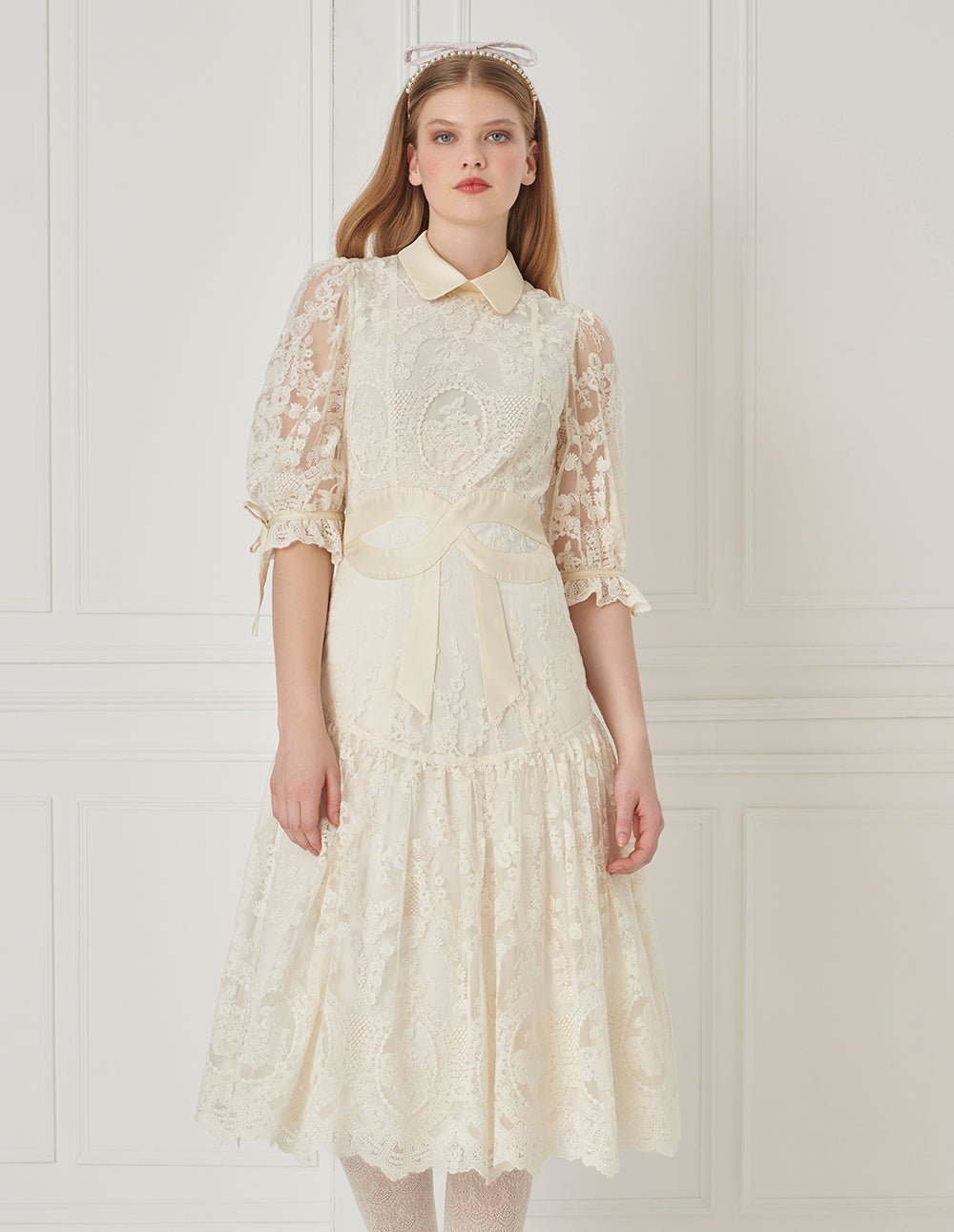 BORA AKSU Peter Pan Collar Lace Panel Pleated Dress