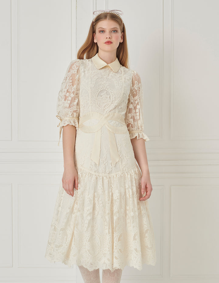BORA AKSU Peter Pan Collar Lace Panel Pleated Dress