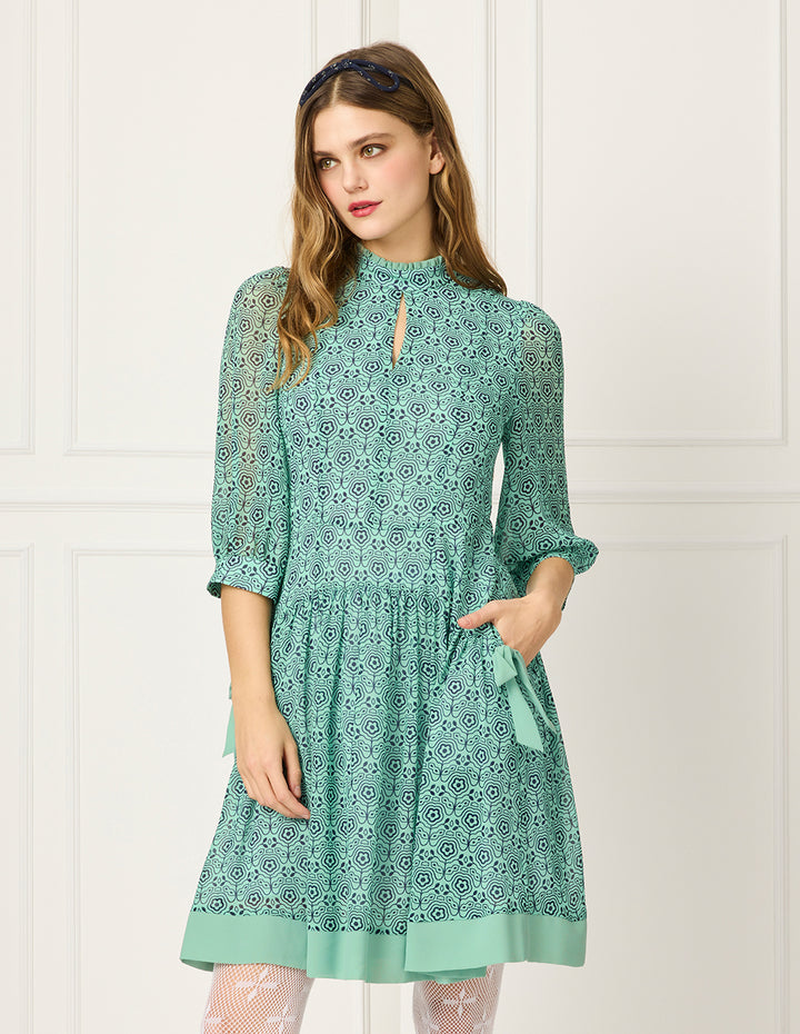 BORA AKSU Stand Collar Puff Short-Sleeve Pleated Print Midi Dress