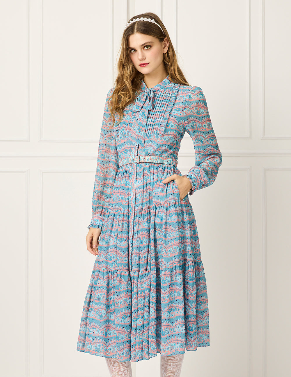 BORA AKSU Butterfly-Knot Collar Bubble Sleeve Floral Print Midi Dress