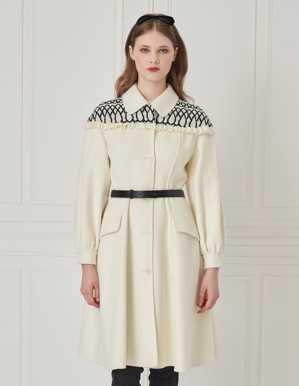 BORA AKSU Shirt-Collar Geometric Knitted Patchwork Fitted Umbrella Hem Coat