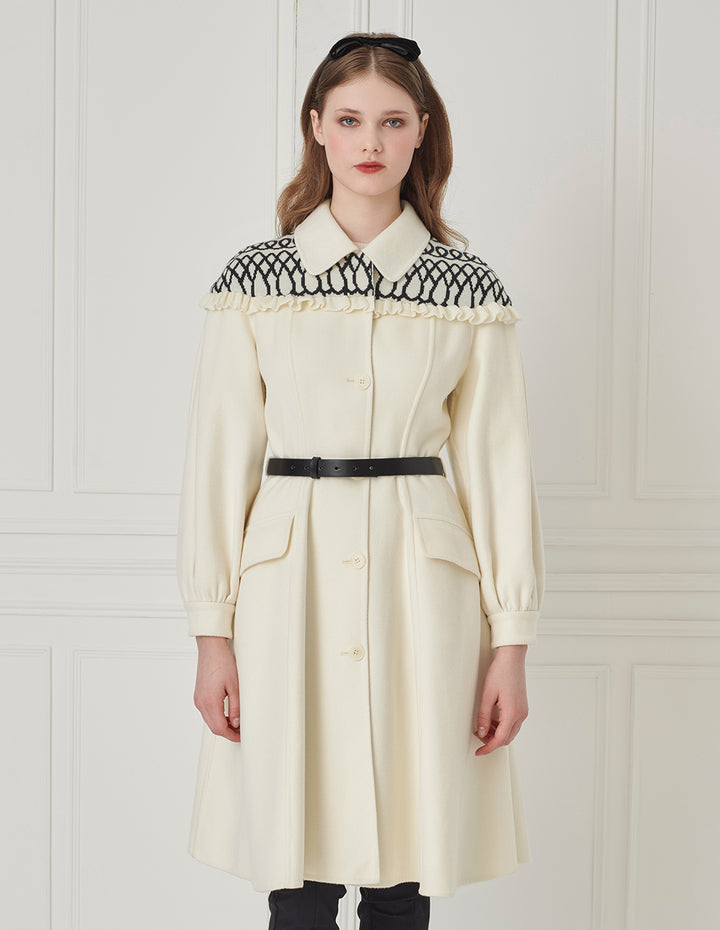 BORA AKSU Shirt-Collar Geometric Knitted Patchwork Fitted Umbrella Hem Coat