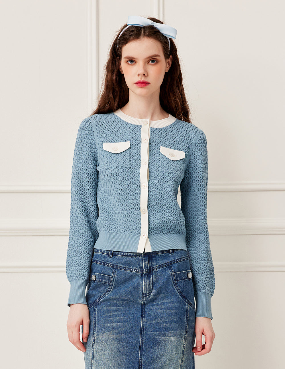 BORA AKSU Round Neck White Stripe Trim 3D Crochet Long Sleeve Knit Cardigan