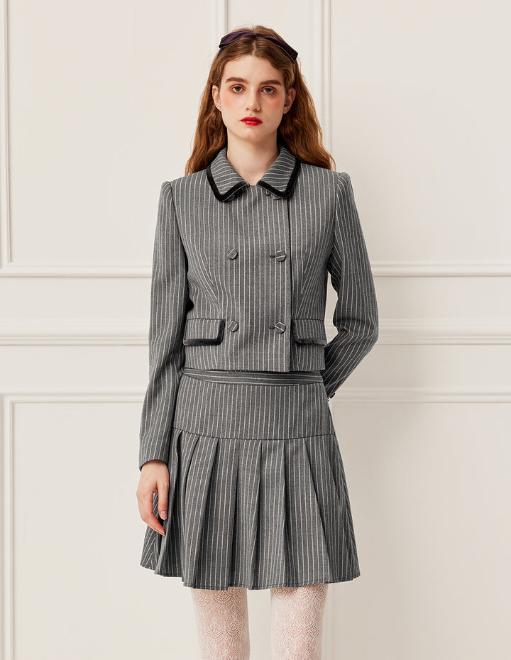 BORA AKSU A-Line High Waist Velvet Pleated Stripe Mini Skirt