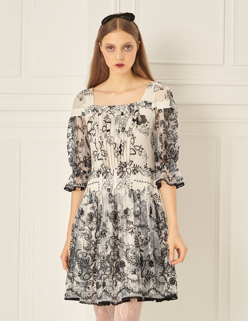 BORA AKSU Puff Sleeve Embroidered Mesh Print Dress