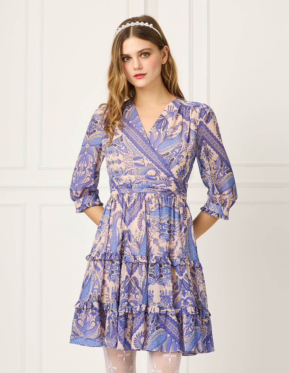 BORA AKSU V-Neck Puff-Sleeve Wrap Paisley Print Pleated Prairie Dress