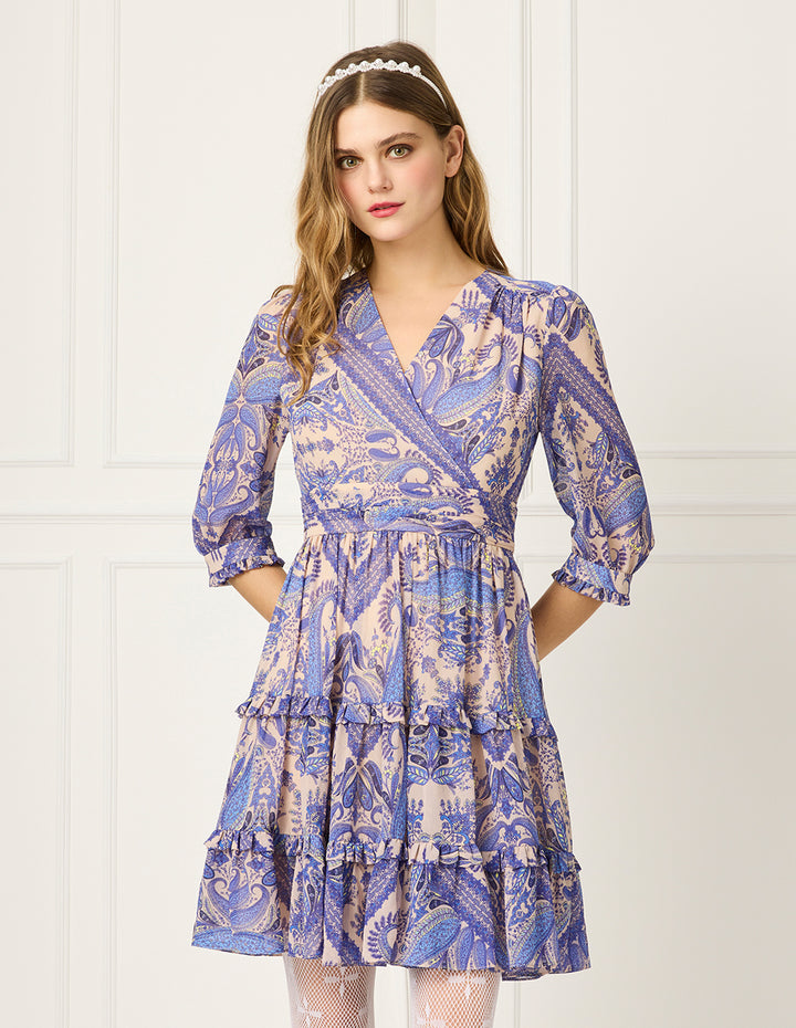 BORA AKSU V-Neck Puff-Sleeve Wrap Paisley Print Pleated Prairie Dress