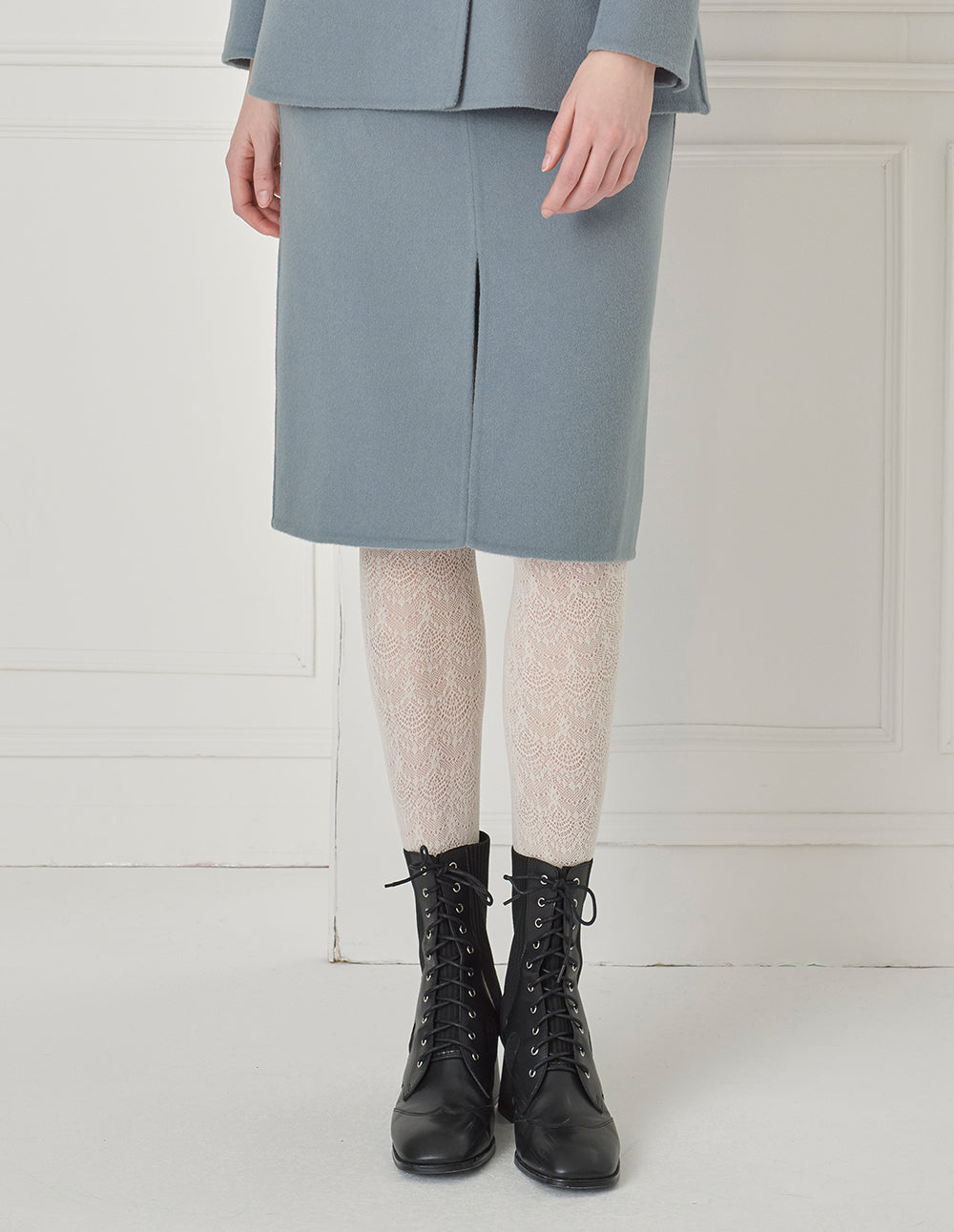 BORA AKSU Slit Knee-Length Straight Wool Blue Skirt