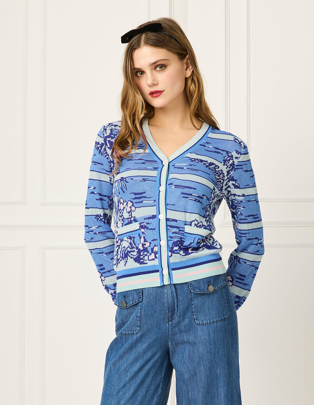 BORA AKSU V-Neck Long-Sleeves Floral Print Linen Blend Knit Cardigan