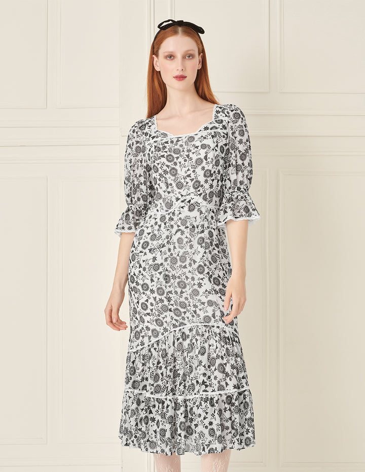 BORA AKSU Retro Square Neck Puff Sleeve Ruffle Print Dress