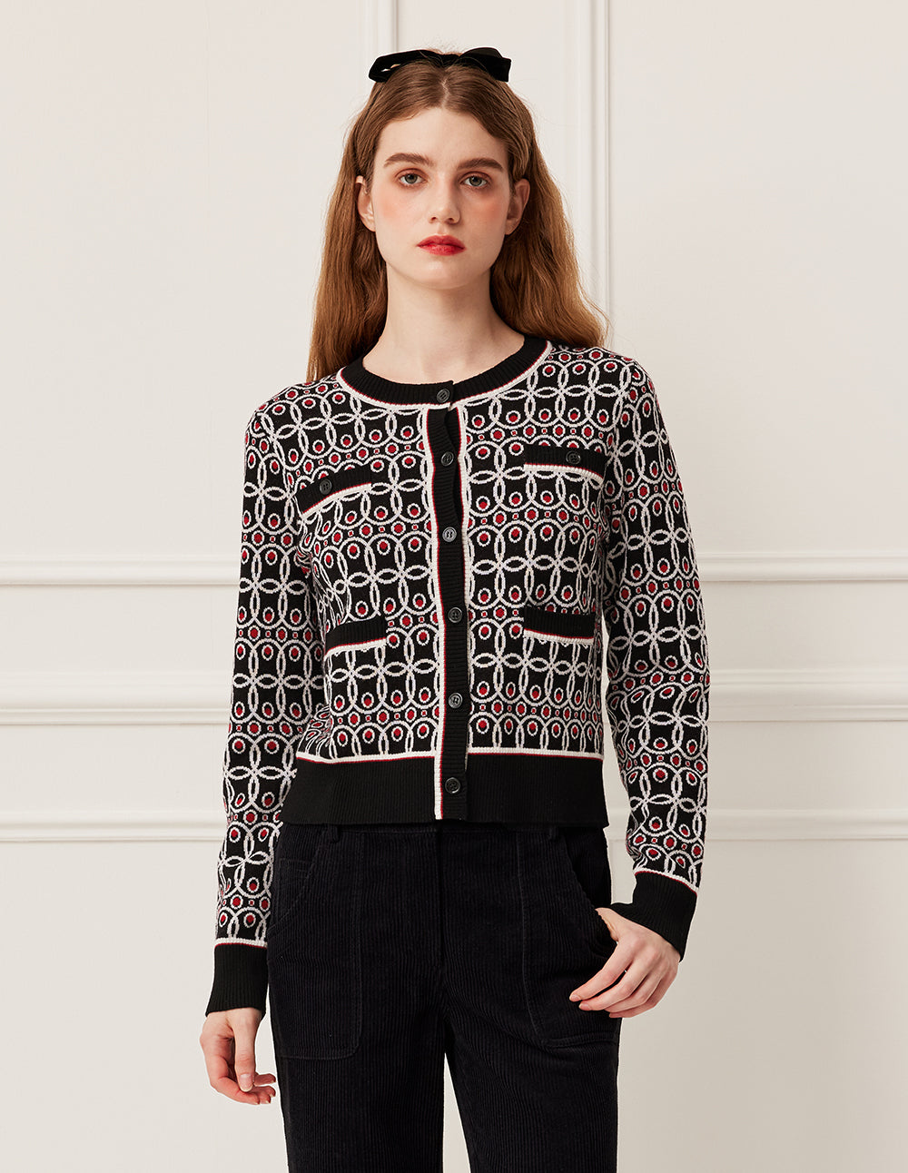 BORA AKSU Round Neck Long Sleeve Polka Dot Wool Knit Cardigan with 4 Pockets