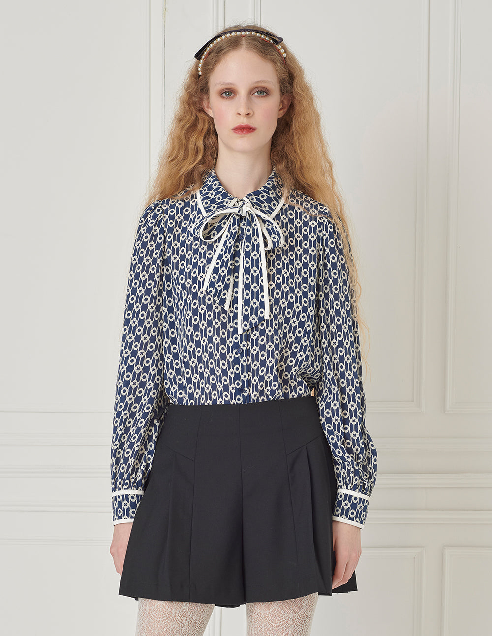 BORA AKSU Silk Mulberry Puff Sleeve Elegant Patchwork Bow Collar Printed Shirt