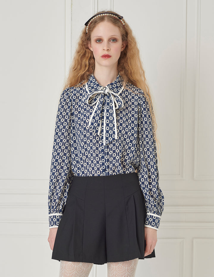 BORA AKSU Silk Mulberry Puff Sleeve Elegant Patchwork Bow Collar Printed Shirt