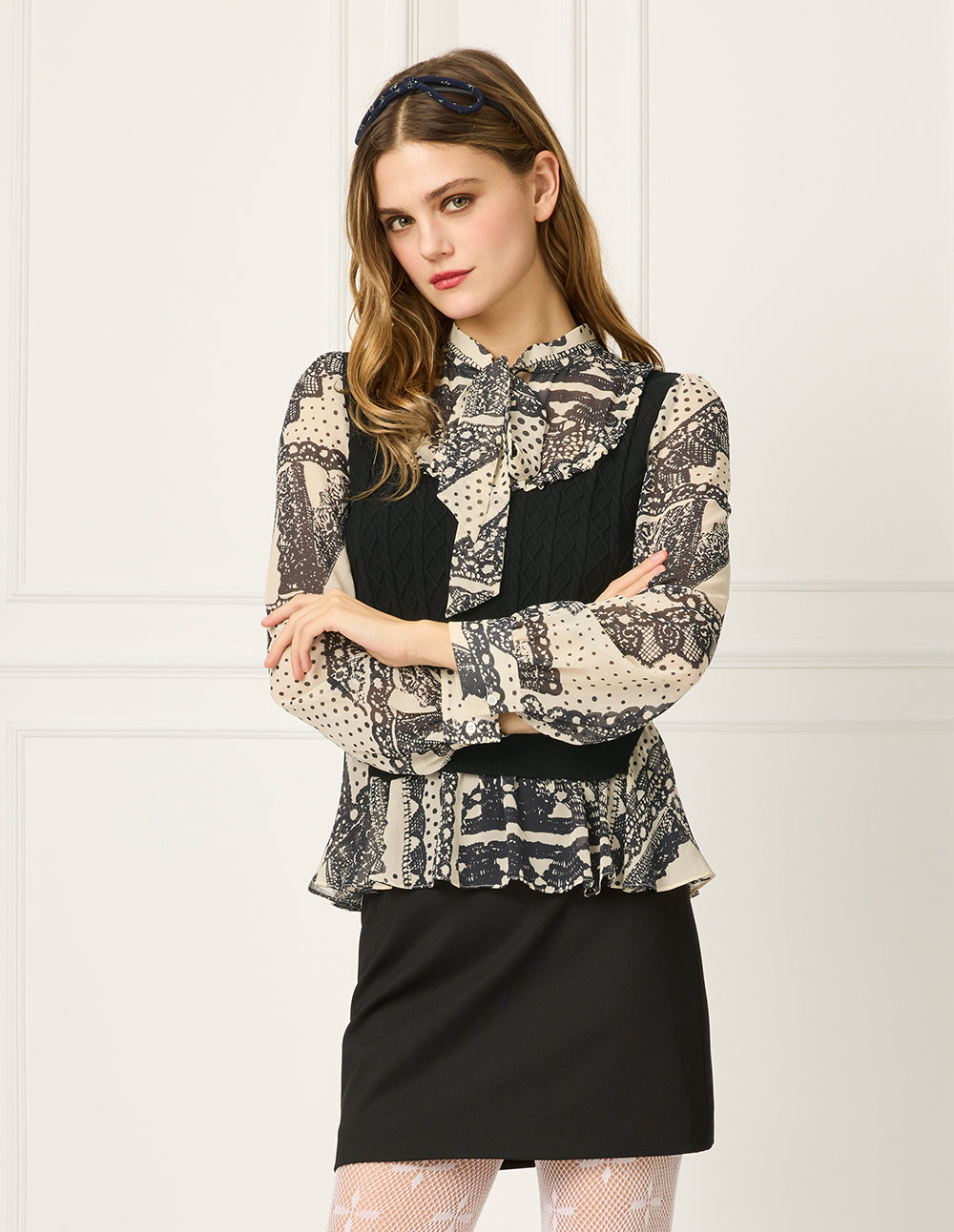 BORA AKSU Bubble Sleeve Patchwork Two-Piece Printed Blouse