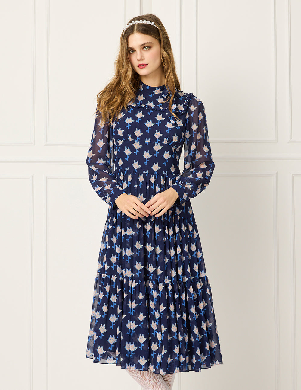 BORA AKSU Stand Collar Long Bubble Sleeve Empire-waist Floral Print Pleated Midi Dress
