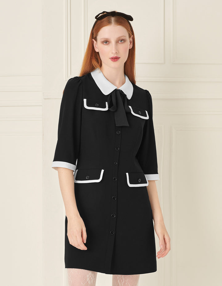 BORA AKSU French Contrast Lapel Bow Tie Dress