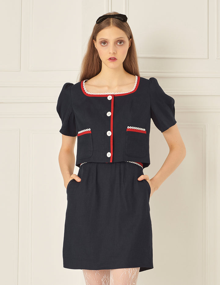 BORA AKSU Square Collar Lace Colour Block Short Coat