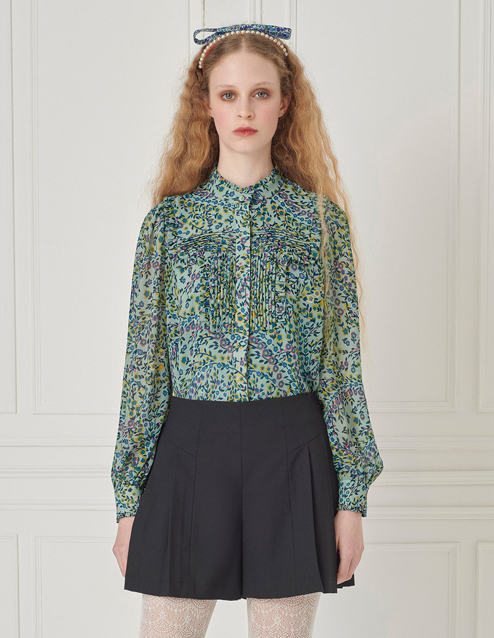 BORA AKSU Ruffle Stand-Collar Long-Sleeve Printed Blouse
