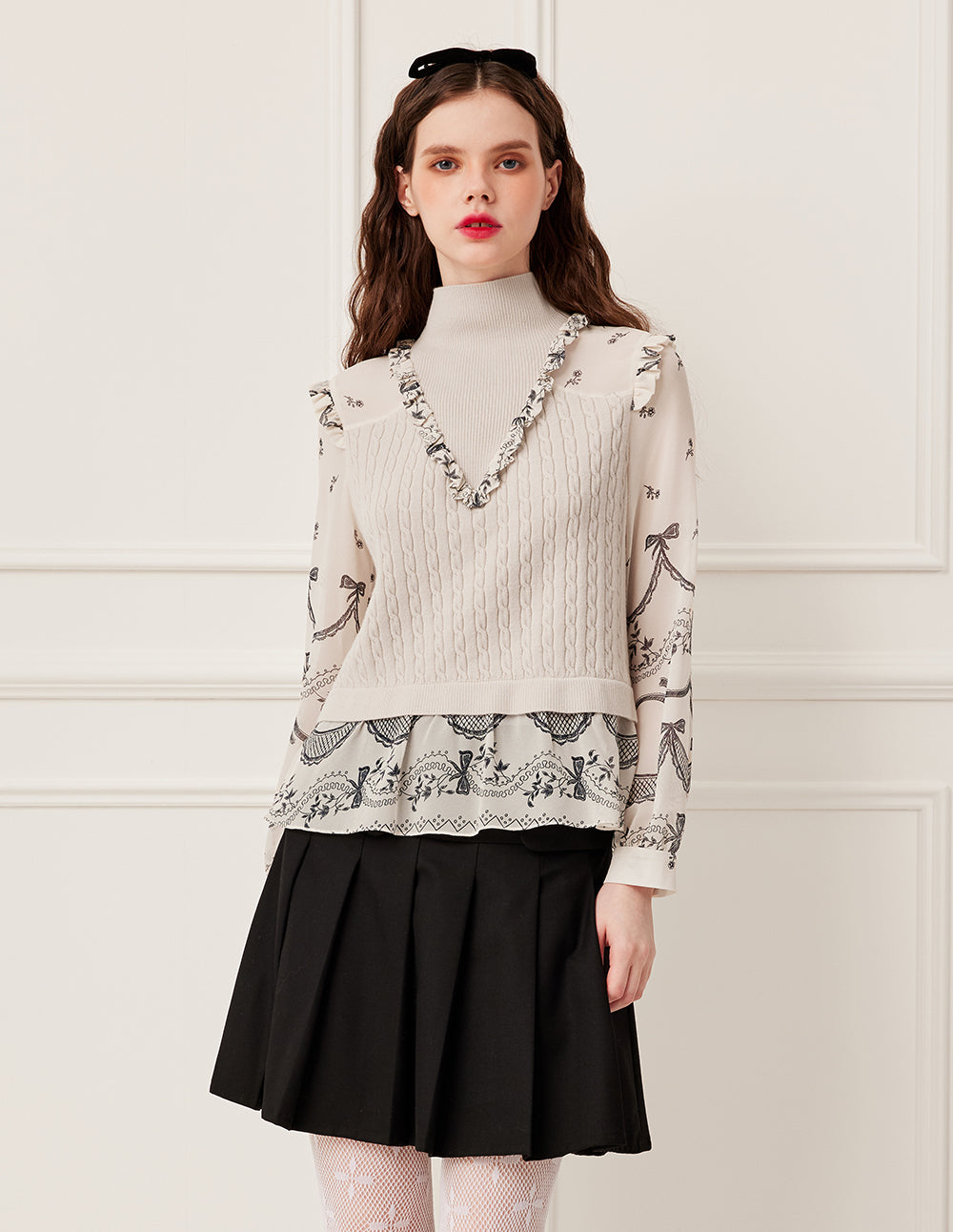 BORA AKSU Ribbed Mandarin Collar Patchwork Floral Print Knit Top