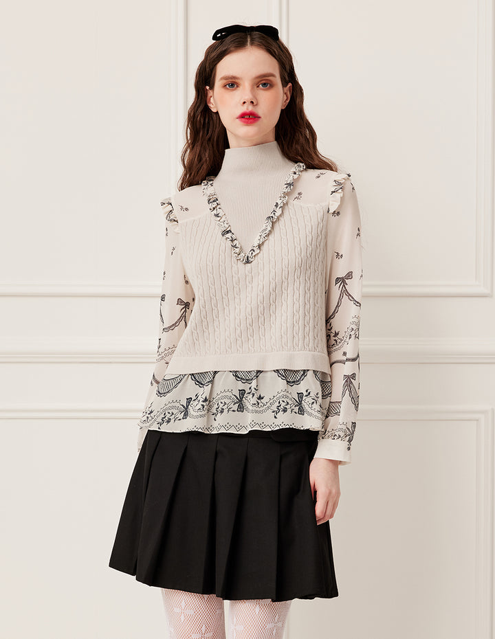 BORA AKSU Ribbed Mandarin Collar Patchwork Floral Print Knit Top