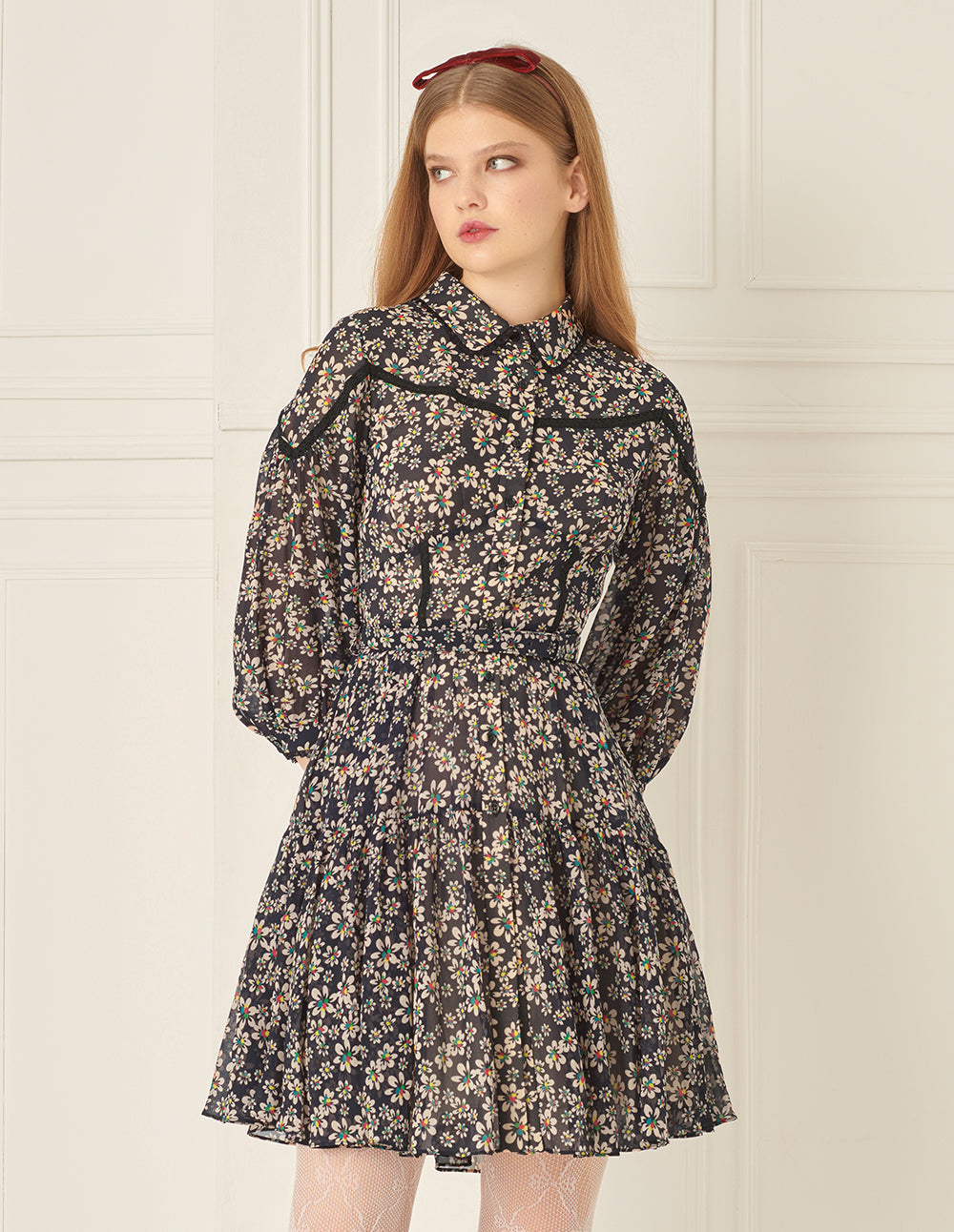 BORA AKSU Puff Sleeves And Small Lace Waist And Pleated Floral Dress
