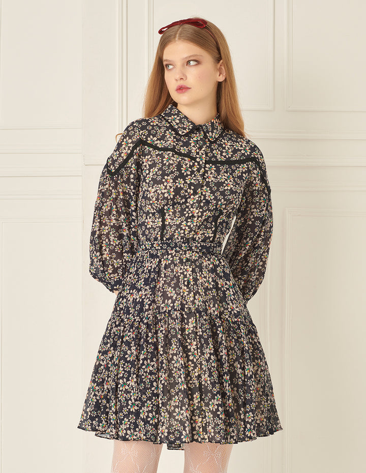 BORA AKSU Puff Sleeves And Small Lace Waist And Pleated Floral Dress