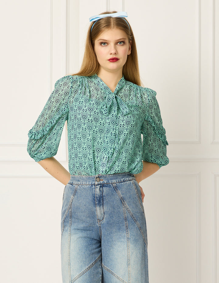 BORA AKSU Ribbon Collar Puff Sleeve Ruffle Print Blouse