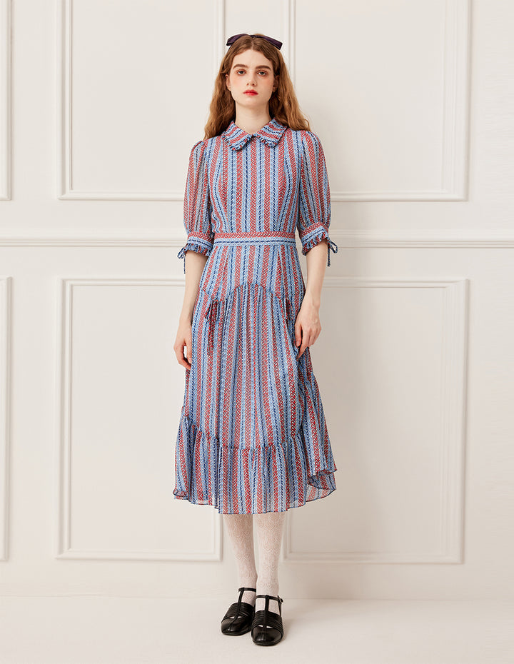 BORA AKSU Ruffled Peter Pan Collar Blue Red Stripe Raindrop Print Pleated Midi Dress