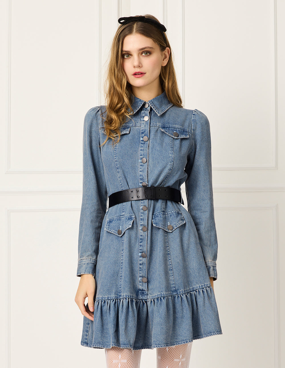 BORA AKSU Shirt Collar Bubble Sleeve Denim Trumpet Dress