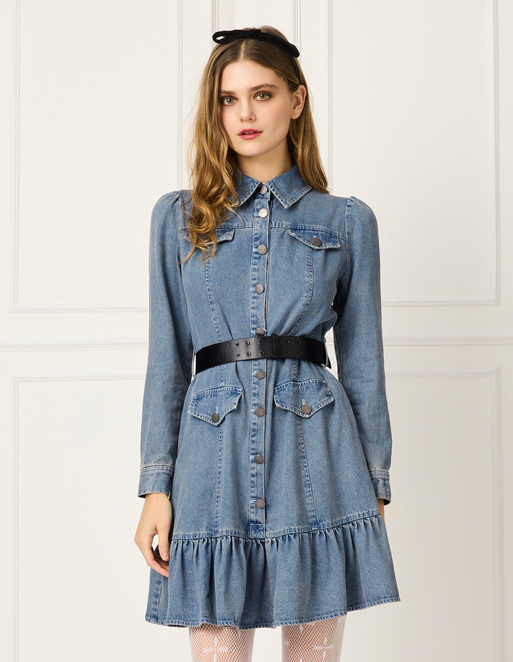 BORA AKSU Shirt Collar Bubble Sleeve Denim Trumpet Dress