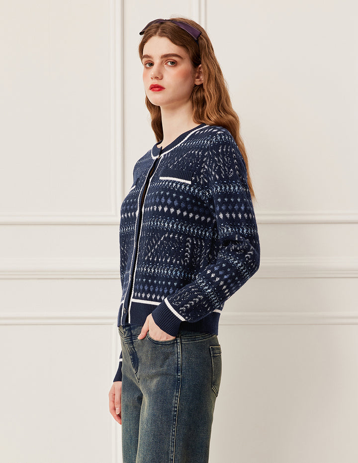 BORA AKSU Round Neck Navy Jacquard Long Sleeve Wool Cardigan