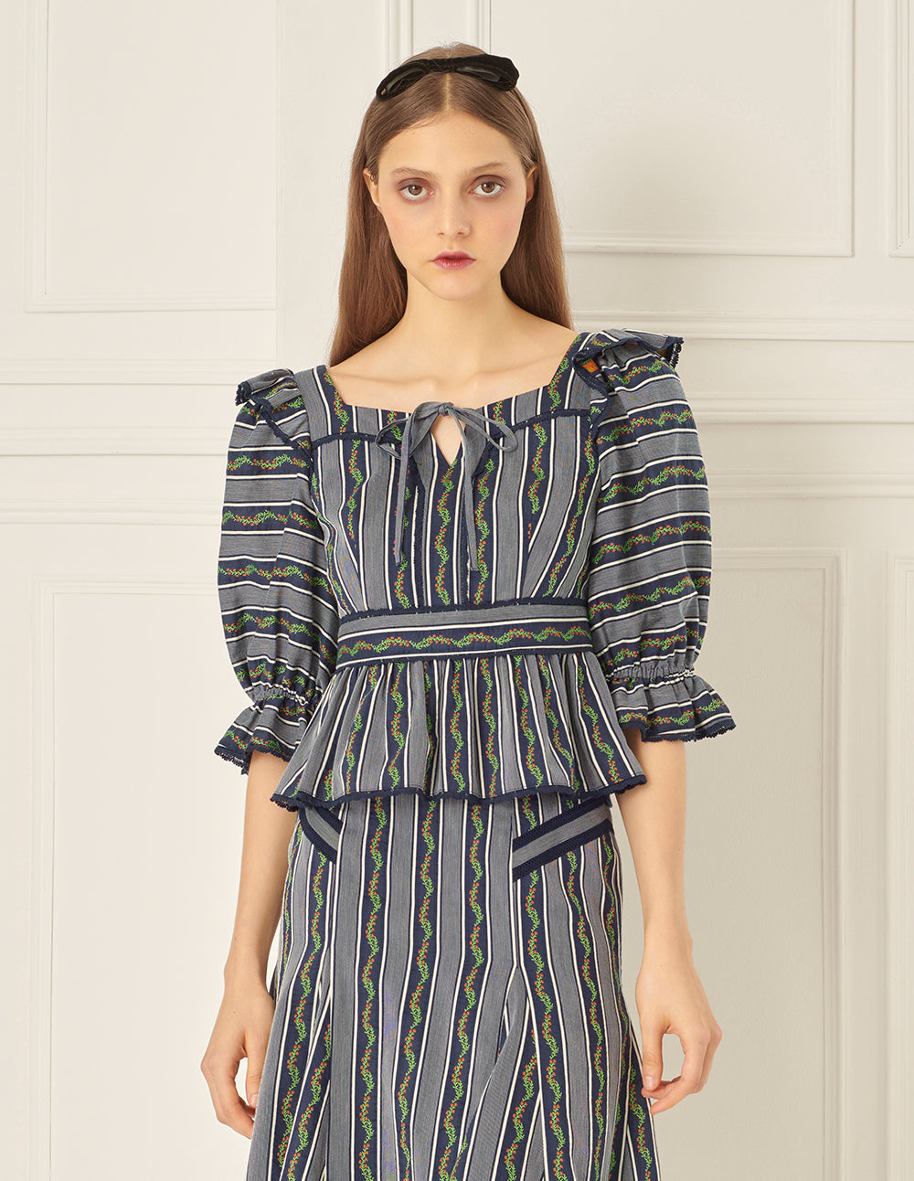 BORA AKSU Puff Sleeve Pleated Jacquard Top