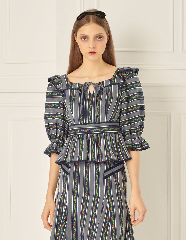 BORA AKSU Puff Sleeve Pleated Jacquard Top