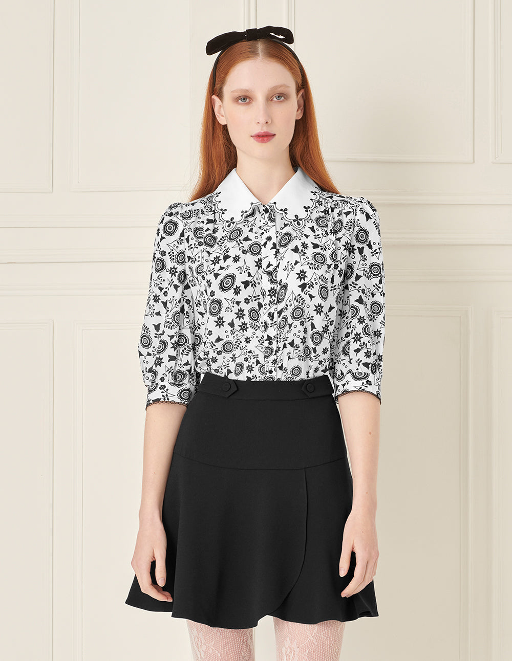 BORA AKSU Silk Puff Sleeve Retro Embroidered Collar Printed Blouse