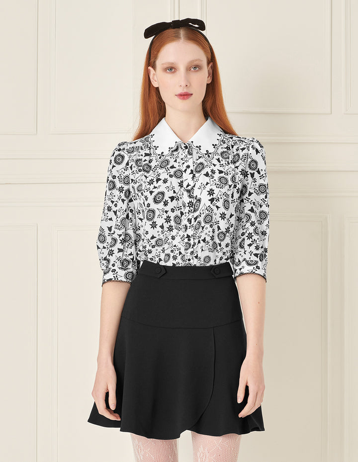 BORA AKSU Silk Puff Sleeve Retro Embroidered Collar Printed Blouse