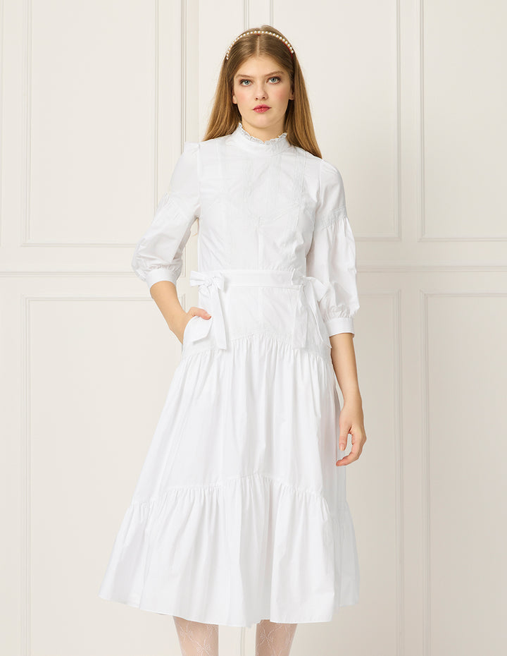 BORA AKSU Lace Stand Collar Puff Sleeve Pleated Midi Dress